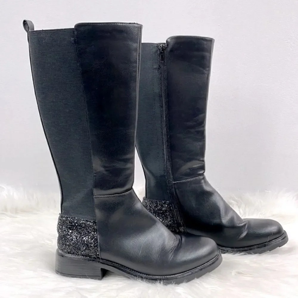 Steve Madden | girls tall glitter boots 4.0 jjosette black with cheetah print